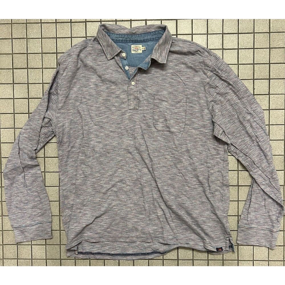 FAHERTY Shirt Men Size XXL Blue Red Long Sleeve Polo 3 Button Organic Cotton